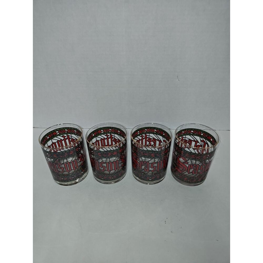 Houze Vintage Set of 4 Season's Greetings Stained Glass Style Tumbler Glasses